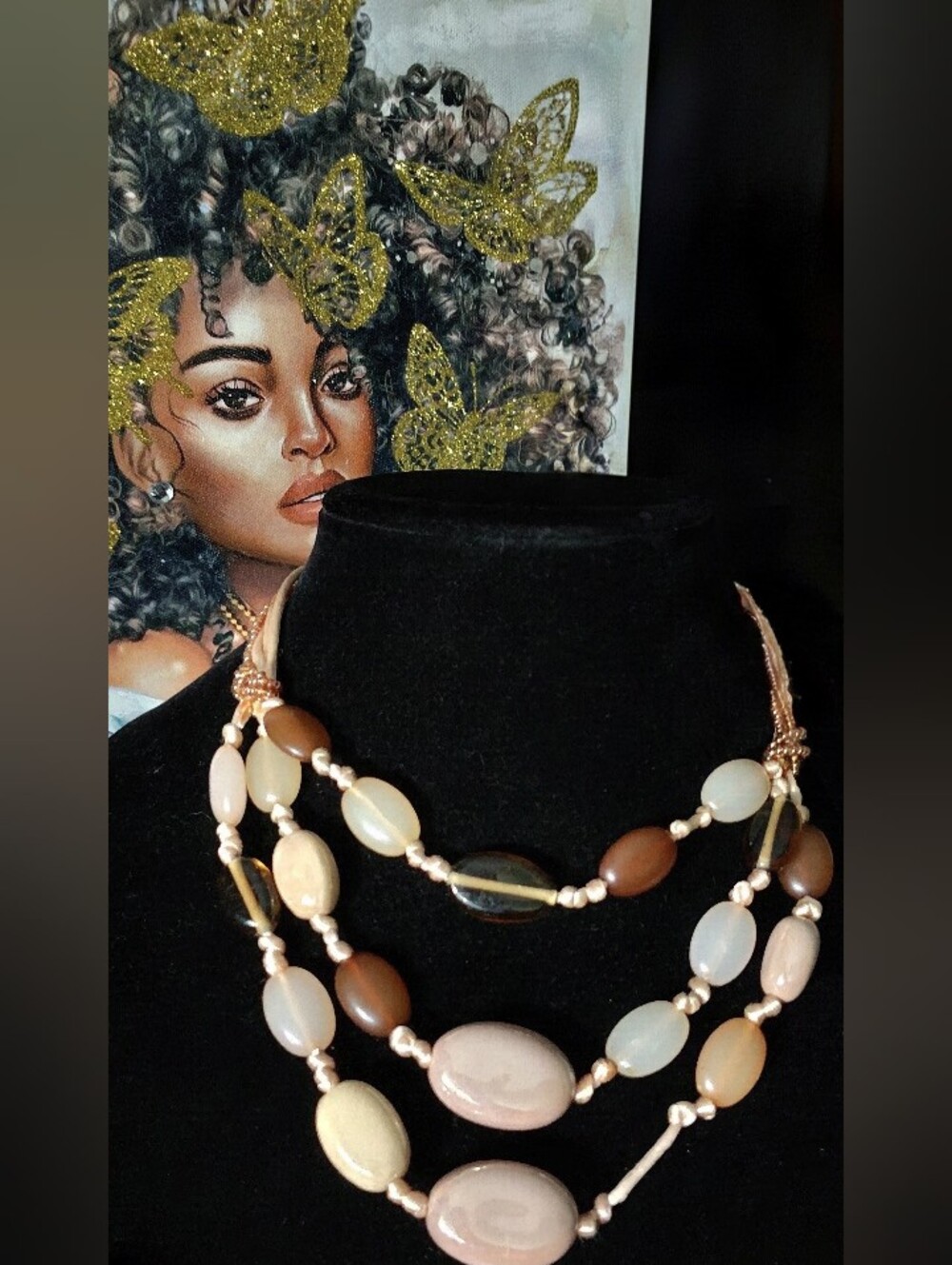 Three-Strand Natural Stone Necklace in Brown, Cream & White